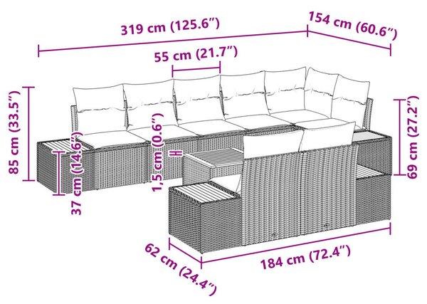 9 darabos kerti kanapé szett párnákkal – fekete poli rattan és akác
