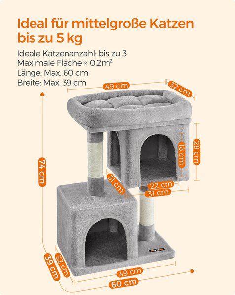 Feandrea PCT612W01 macskafa 74 cm világosszürke plüss 2 barlanggal