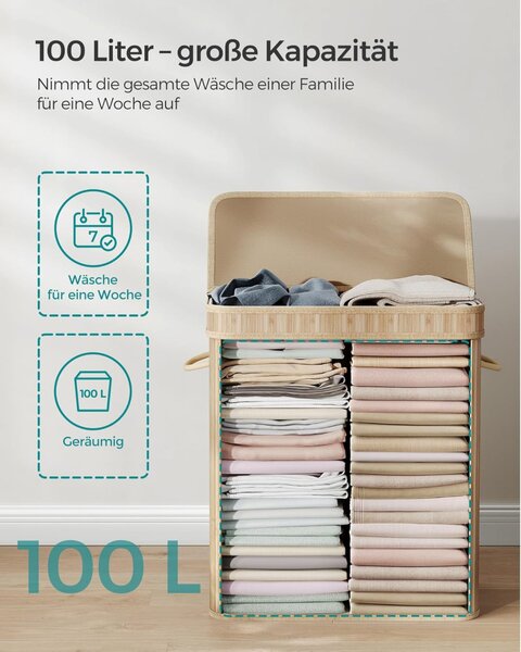 SONGMICS LCB063N01 szennyeskosár fedéllel bambusz természetes bézs 100 liter