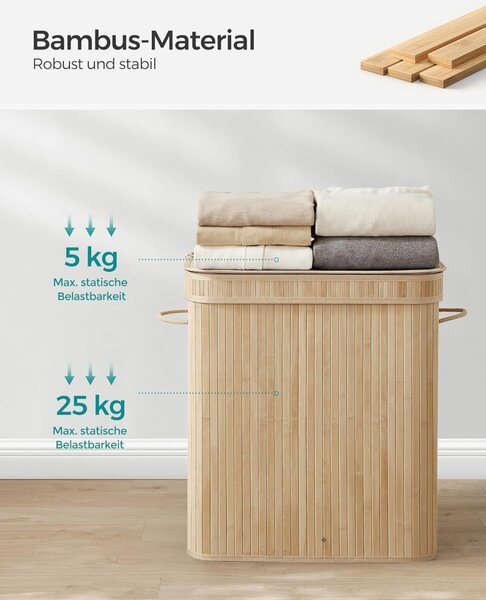 SONGMICS LCB063N01 szennyeskosár fedéllel bambusz természetes bézs 100 liter