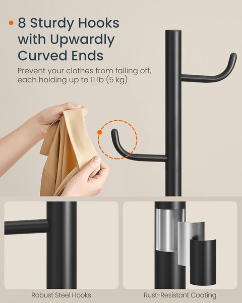 SONGMICS HOME kaktusz alakú álló fogas 8 kampóval acél és MDF tintafekete 175,3 cm
