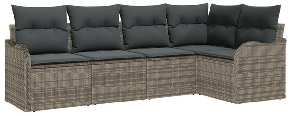 5 Darabos Kert Kanapé Szett Párnákkal Szürke Poli Rattan, 2-Személyes Kert Kanapé Tárolóval és Párnákkal Szürke Poli Rattan