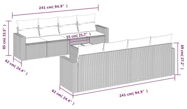 VidaXL Polyrattan Kerti Ülőgarnitúra - 9 részes - Szürke