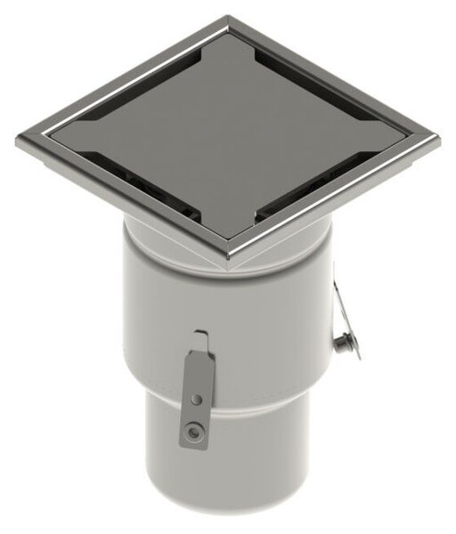 STAINLESS inox padlóösszefolyó – 200×200 mm, réses fedlap, függőleges kimenet DN110