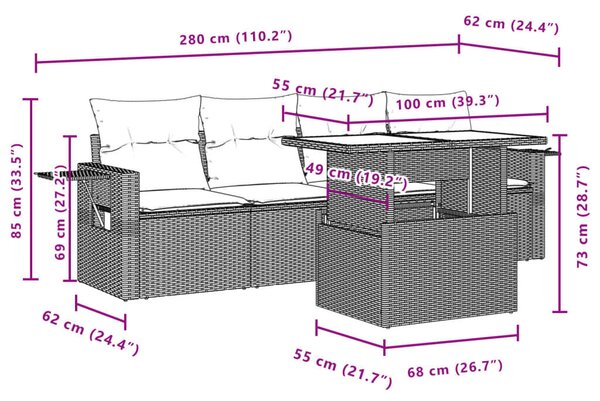 VidaXL 5 részes fekete polyrattan kerti kanapészett párnákkal