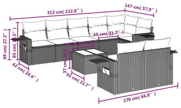 VidaXL Polyrattan Kerti Ülőgarnitúra - 9 részes - Fekete