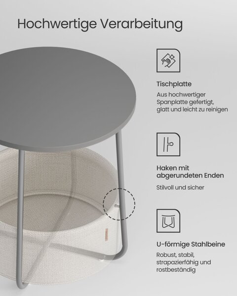 VASAGLE Modern Kerek Kisasztal Tárolókosárral Cement Szürke-Fehér