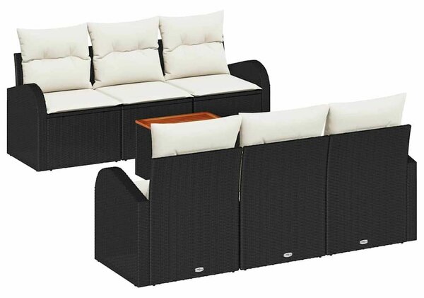 7 Részes Kerti Kanapé Szett Párnákkal Fekete Poli Rattan Akáciával
