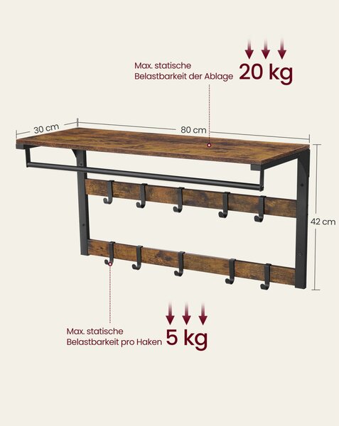 VASAGLE Industrial Fali Fogas Polccal 10 Levehető Akasztóval Vintage Fekete