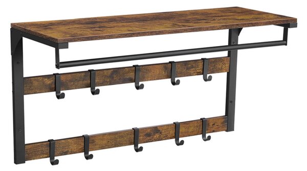 VASAGLE Industrial Fali Fogas Polccal 10 Levehető Akasztóval Vintage Fekete