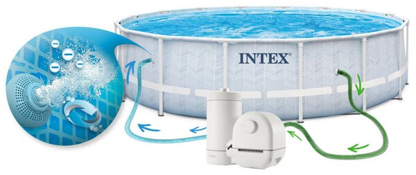 Intex Kerek medence szűrővel 4,4 m³/h Chevron, átmérő 488 cm, magasság 122 cm, szűrőpatron, létra és védőponyva, PVC/acél, 19156 l, szürke/kék