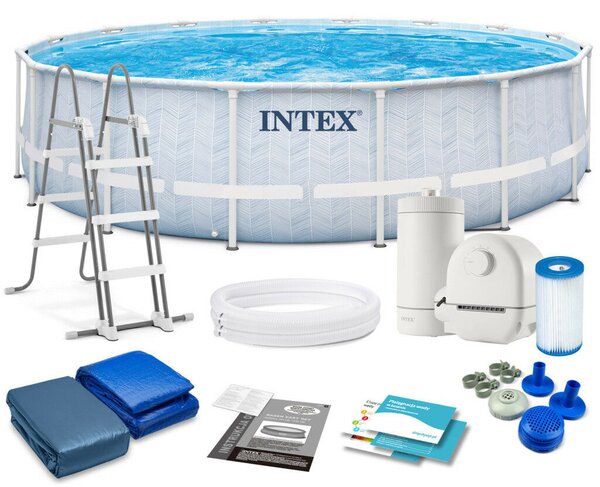 Intex Kerek medence szűrővel 4,4 m³/h Chevron, átmérő 488 cm, magasság 122 cm, szűrőpatron, létra és védőponyva, PVC/acél, 19156 l, szürke/kék