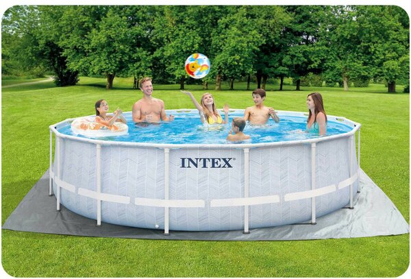 Intex Kerek medence szűrővel 4,4 m³/h Chevron, átmérő 488 cm, magasság 122 cm, szűrőpatron, létra és védőponyva, PVC/acél, 19156 l, szürke/kék