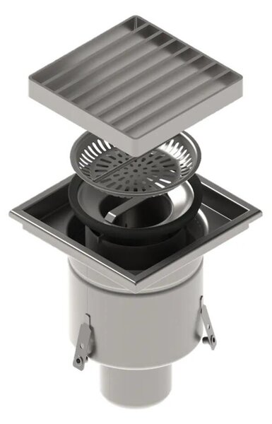 STAINLESS inox padlóösszefolyó – 200×200 mm, rács, függőleges kimenet DN110