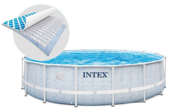 Intex Kerek medence szűrővel 4,4 m³/h Chevron, átmérő 488 cm, magasság 122 cm, szűrőpatron, létra és védőponyva, PVC/acél, 19156 l, szürke/kék