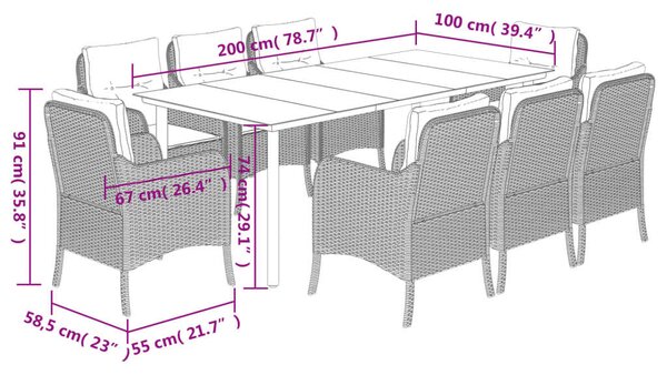Polyrattan Kerti Étkezőgarnitúra - 9 részes - Fekete