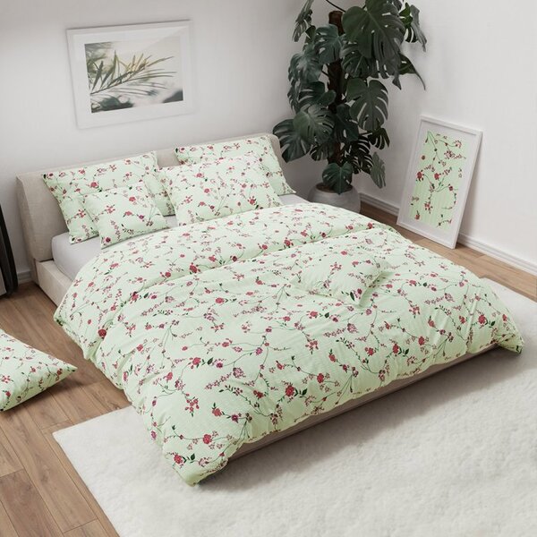Krepp ágyneműhuzat FLORAL CREAM világoszöld Ágyneműhuzat mérete: 70 x 90 cm | 140 x 200 cm