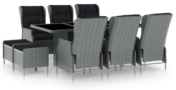 VidaXL 9 részes világosszürke polyrattan kültéri étkezőszett párnákkal