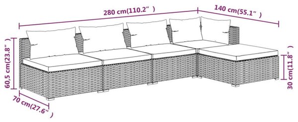 VidaXL 5 részes fekete polyrattan kerti ülőgarnitúra párnákkal