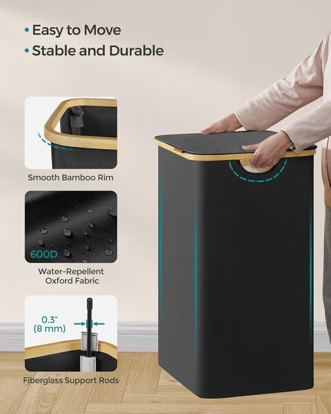 SONGMICS Premium 150L Háromrekeszes Szennyestartó Bambusz Fogantyúval Fekete