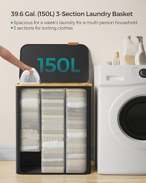 SONGMICS Premium 150L Háromrekeszes Szennyestartó Bambusz Fogantyúval Fekete