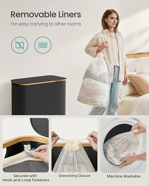 SONGMICS Premium 150L Háromrekeszes Szennyestartó Bambusz Fogantyúval Fekete