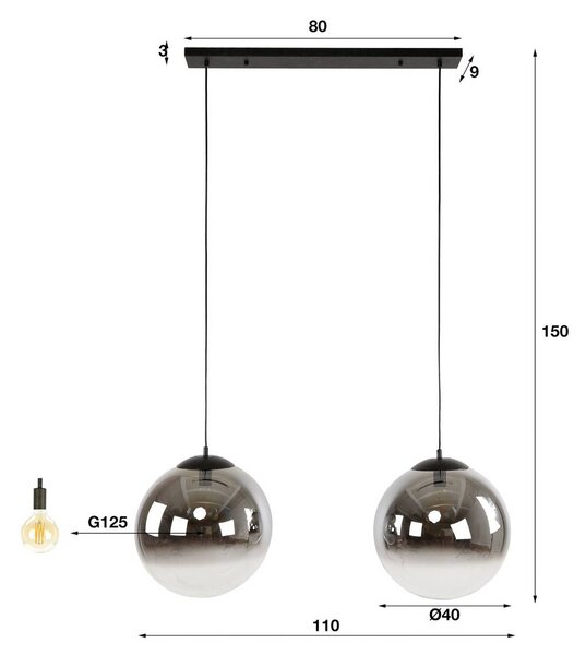 Zijlstra Glassball XL függőlámpa, 2-lámpás, üveg, füstszürke, antracit, dimmelhető, Alu / szürke / cink, Nappali / Étkező, Üveg
