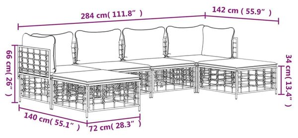 Polyrattan Kerti Ülőgarnitúra - 6 részes - Antracit Szürke