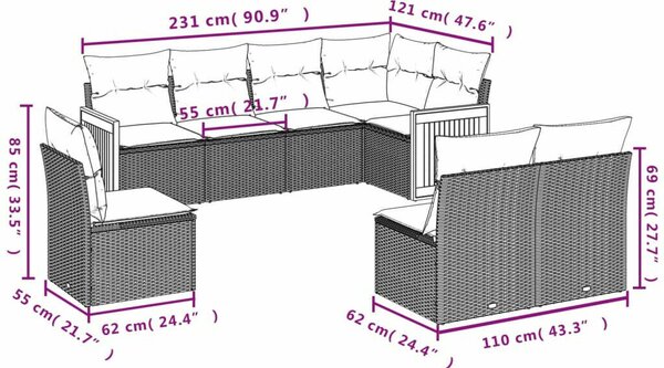 VidaXL Polyrattan Kerti Ülőgarnitúra - 8 részes - Fekete
