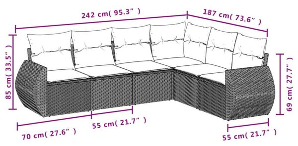 VidaXL 6 részes szürke polyrattan kerti ülőgarnitúra párnákkal