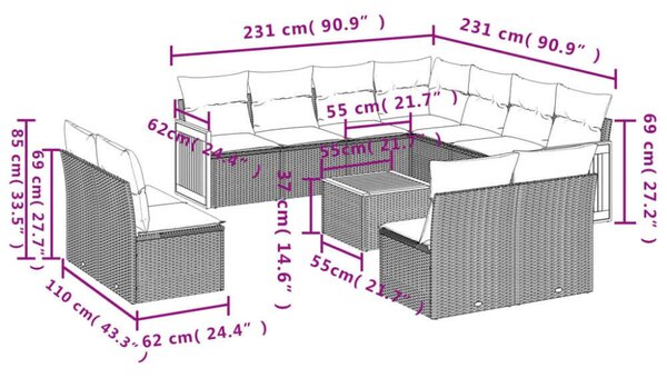 VidaXL Polyrattan Kerti Ülőgarnitúra - 12 részes - Szürke