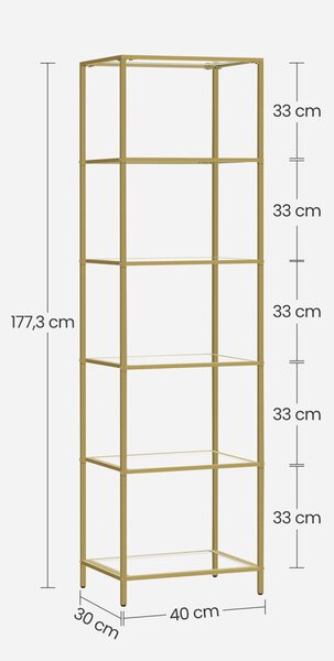 VASAGLE Elegance 6-Szintes Üvegpolc Arany Acélvázzal