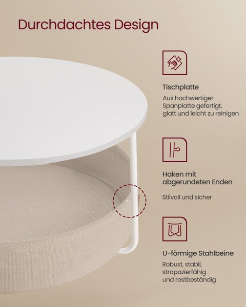 VASAGLE Modern Kerek Dohányzóasztal Tárolókosárral Matt Fehér-Homok