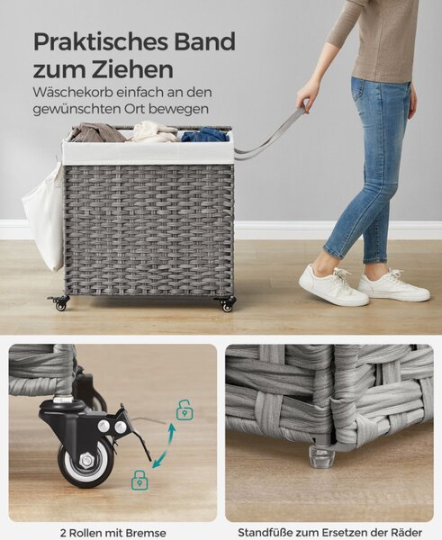 SONGMICS Rattan Hatású 3 Rekeszes Szennyestartó Kosár Fedéllel Szürke