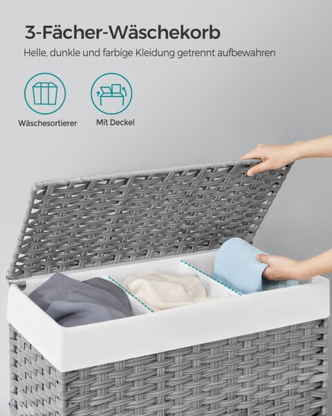 SONGMICS Rattan Hatású 3 Rekeszes Szennyestartó Kosár Fedéllel Szürke