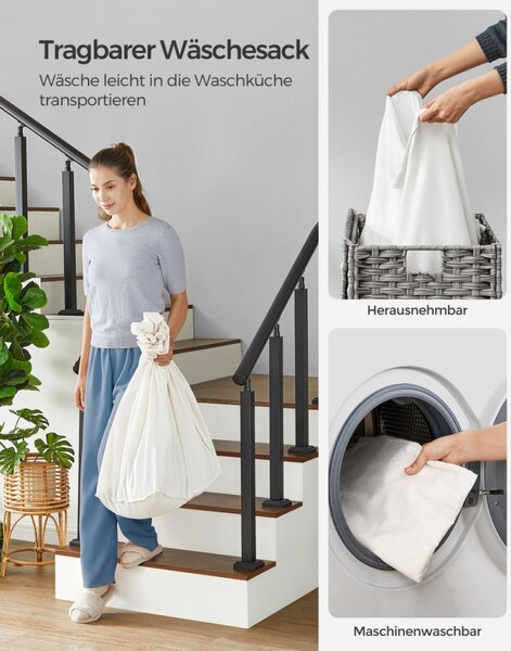 SONGMICS Rattan Hatású 3 Rekeszes Szennyestartó Kosár Fedéllel Szürke