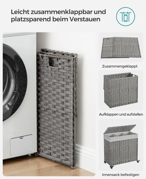 SONGMICS Rattan Hatású 3 Rekeszes Szennyestartó Kosár Fedéllel Szürke