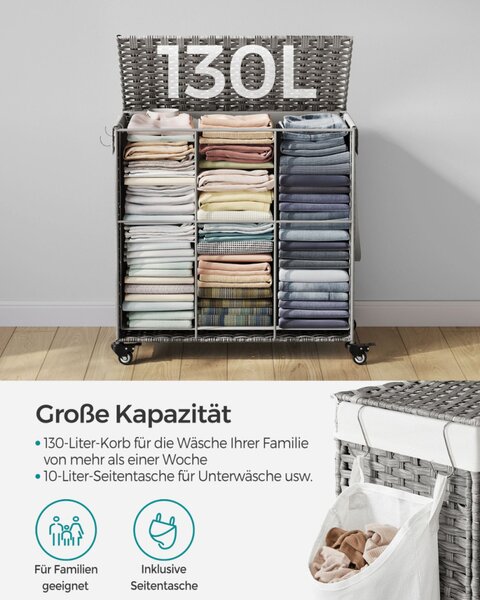 SONGMICS Rattan Hatású 3 Rekeszes Szennyestartó Kosár Fedéllel Szürke