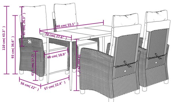 VidaXL 5 részes szürke polyrattan kerti étkezőgarnitúra párnával