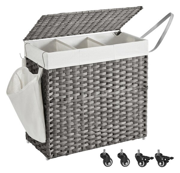 SONGMICS Rattan Hatású 3 Rekeszes Szennyestartó Kosár Fedéllel Szürke