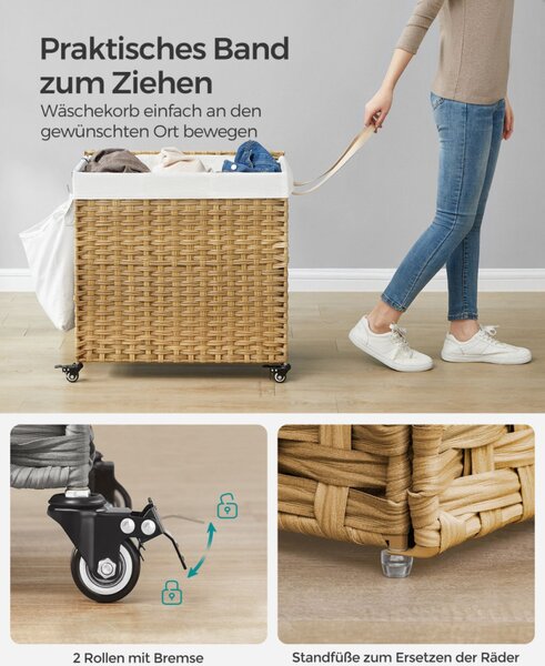 SONGMICS Rattan Hatású Szennyestartó Kosár 3 Rekesszel Természetes
