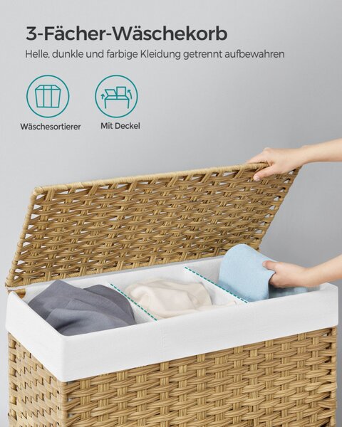 SONGMICS Rattan Hatású Szennyestartó Kosár 3 Rekesszel Természetes