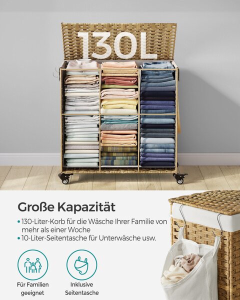 SONGMICS Rattan Hatású Szennyestartó Kosár 3 Rekesszel Természetes