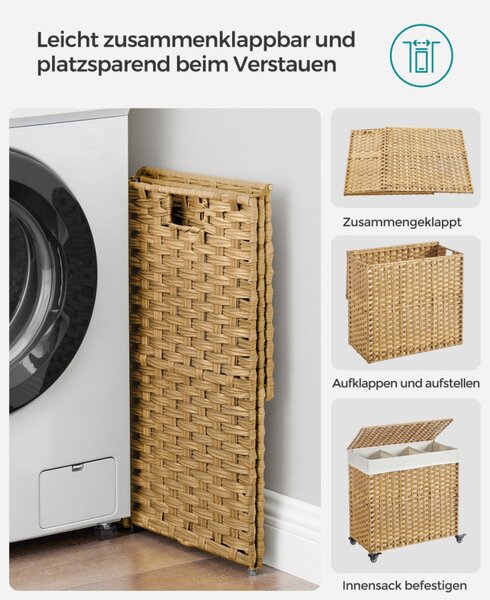 SONGMICS Rattan Hatású Szennyestartó Kosár 3 Rekesszel Természetes
