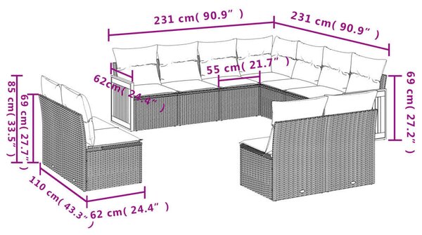 VidaXL 11 részes bézs polyrattan kerti ülőgarnitúra párnákkal