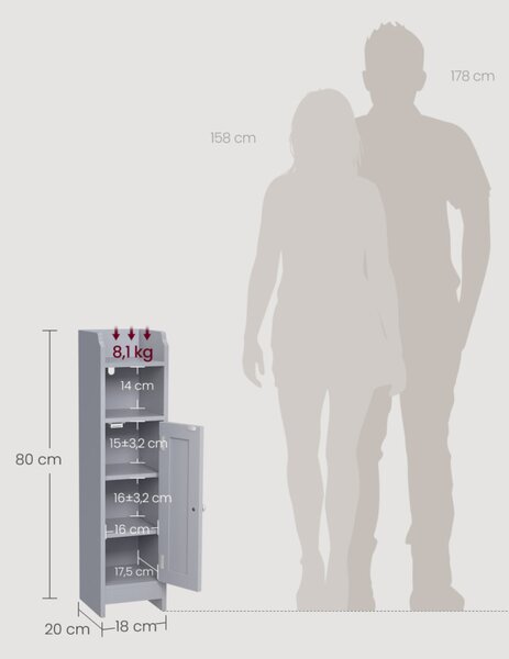 VASAGLE Slim Fürdőszobai Állószekrény MDF Galambszürke