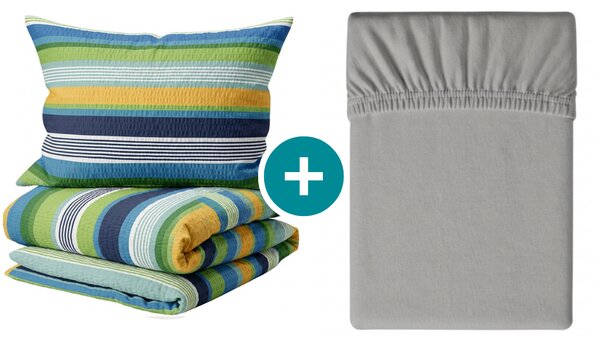 Krepp ágyneműhuzat LINIE kék szett + Jersey lepedő 90 x 200 cm világosszürke, egyszemélyes