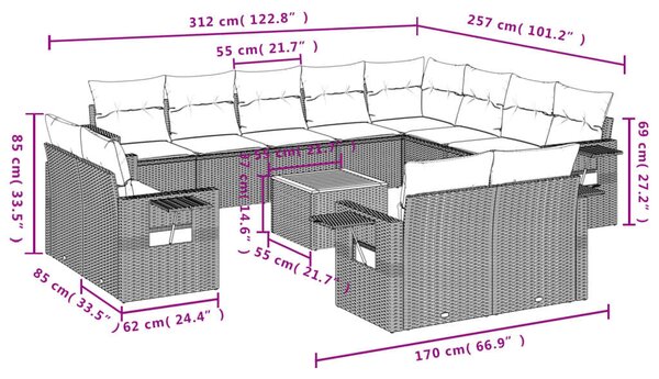 VidaXL Polyrattan Kerti Ülőgarnitúra - 13 részes - Szürke