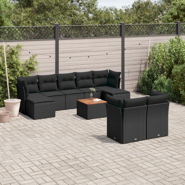 VidaXL 10 részes fekete polyrattan kerti ülőgarnitúra párnákkal