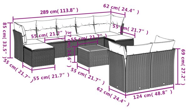 VidaXL 10 részes fekete polyrattan kerti ülőgarnitúra párnákkal